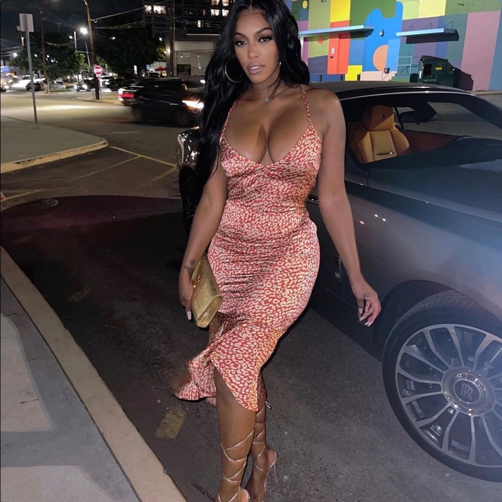 Red leopard print frill hem midi dress, size small